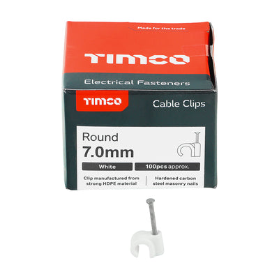 TIMco Round Cable Clips White - To fit 7.0mm