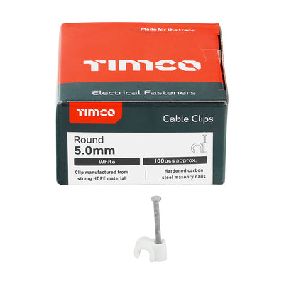TIMco Round Cable Clips White - To fit 5.0mm