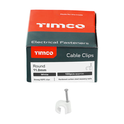 TIMco Round Cable Clips White - To fit 11.0mm