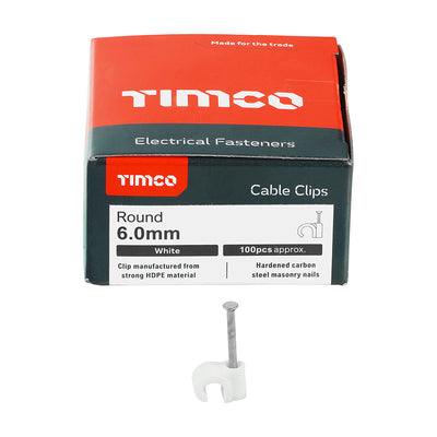TIMco Round Cable Clips White - To fit 6.0mm