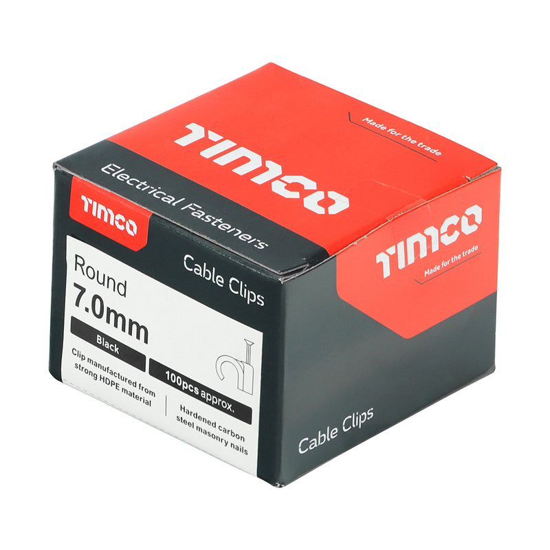 TIMco Round Cable Clips Black - To fit 7.0mm
