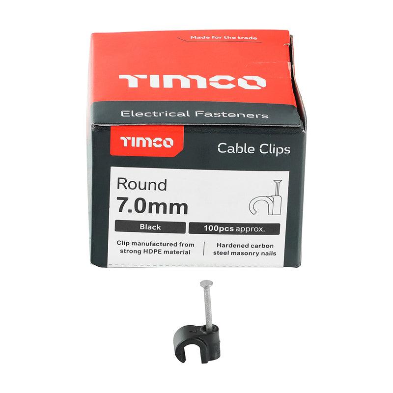 TIMco Round Cable Clips Black - To fit 7.0mm