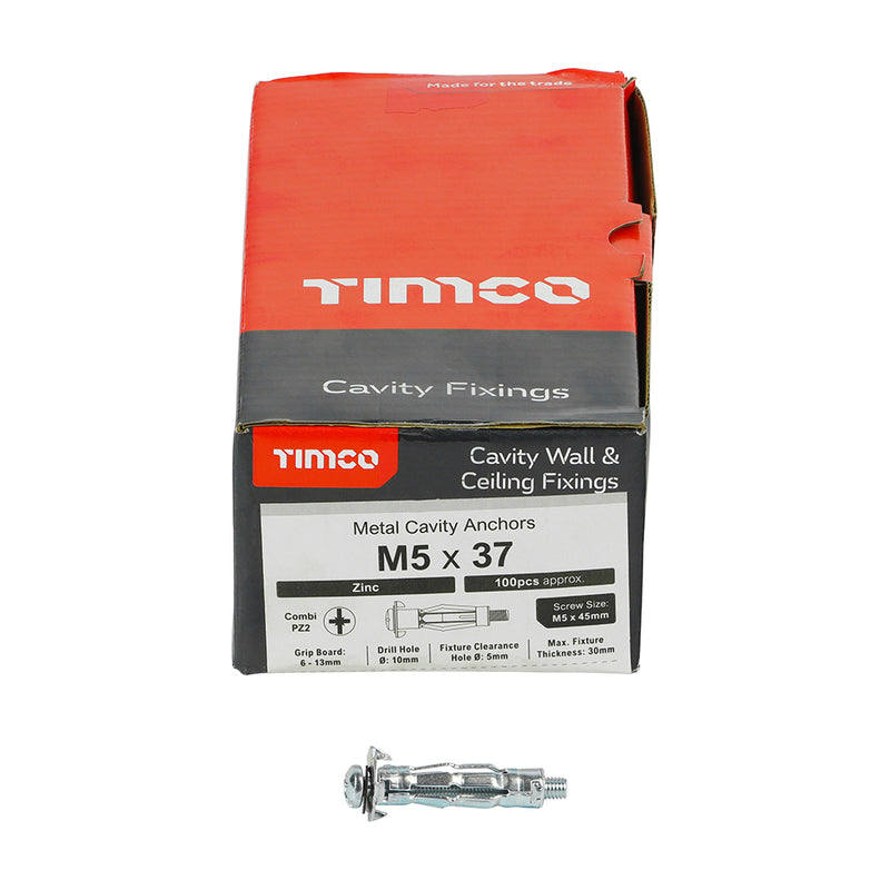 TIMco Metal Cavity Anchors Silver - M5 x 37 (45mm Screw) - 100 Pieces