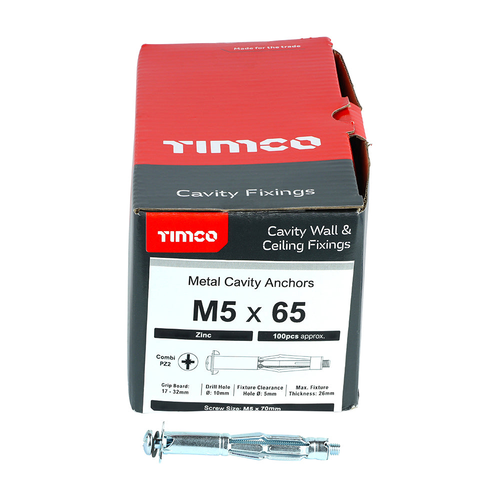 Timco Metal Cavity Anchors - Zinc - M5 X 52 (60mm Screw) - 100 In