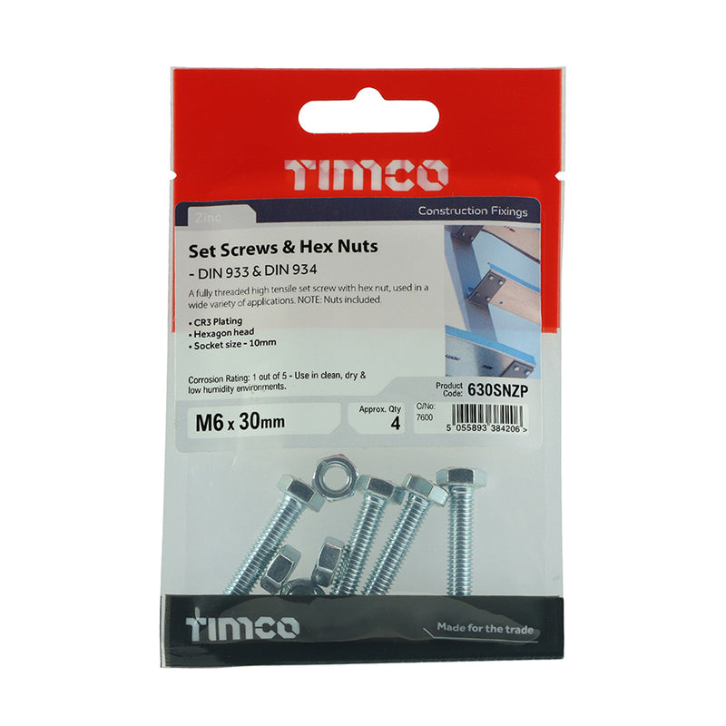 TIMco Set Screws DIN933 Grade 8.8 & Hex Nut DIN934 Silver - M6 x 30 - 4 Pieces