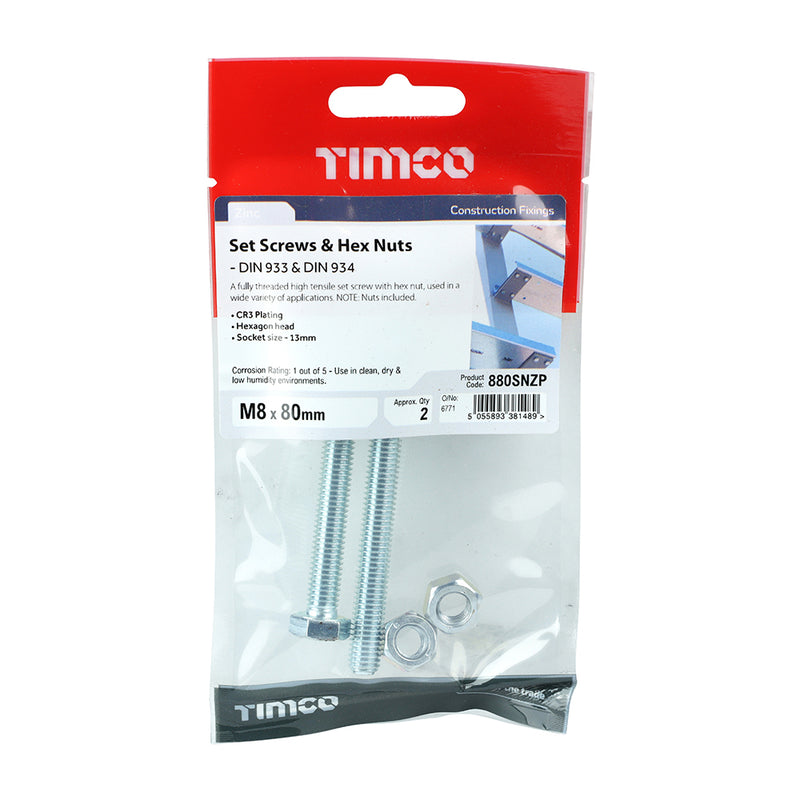 TIMco Set Screws DIN933 Grade 8.8 & Hex Nut DIN934 Silver - M8 x 80 - 2 Pieces