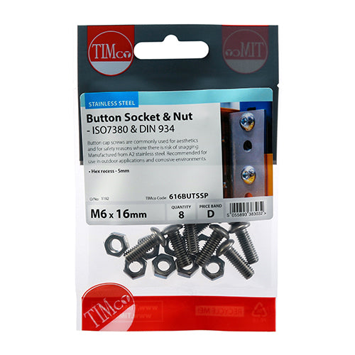 TIMco Button Socket Screws ISO7380 A2 Stainless Steel - M6 x 16