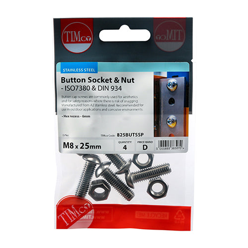 TIMco Button Socket Screws ISO7380 A2 Stainless Steel - M8 x 25