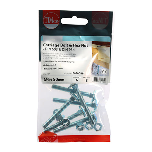 TIMco Carriage Bolts DIN603 & Hex Full Nut DIN934 Silver - M6 x 50