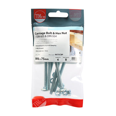TIMco Carriage Bolts DIN603 & Hex Full Nut DIN934 Silver - M6 x 75 - 6 Pieces