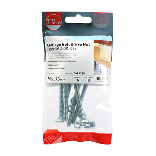 TIMco Carriage Bolts DIN603 & Hex Full Nut DIN934 Silver - M6 x 75 - 6 Pieces