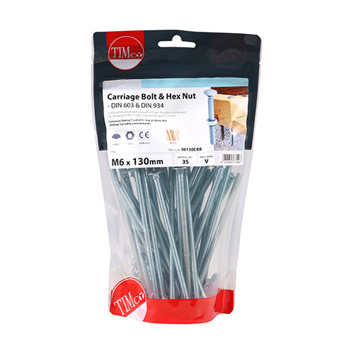 TIMco Carriage Bolts DIN603 & Hex Full Nuts DIN934 Silver - M6 x 30 - 200 Pieces