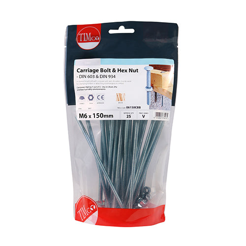 TIMco Carriage Bolts DIN603 & Hex Full Nut DIN934 Silver - M6 x 150 - 25 Pieces
