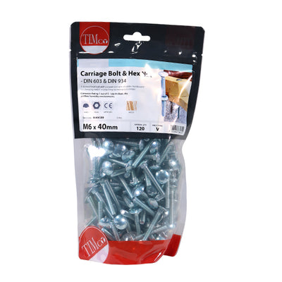 TIMco Carriage Bolts DIN603, Hex Full Nuts DIN934 & Form A DIN125-A Washer Exterior Silver - M6 x 75