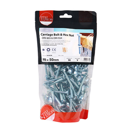 TIMco Carriage Bolts DIN603 & Hex Full Nuts DIN934 Silver - M6 x 60 - 100 Pieces