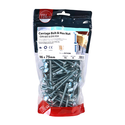 TIMco Carriage Bolts DIN603 & Hex Full Nuts DIN934 Silver - M6 x 75 - 100 Pieces
