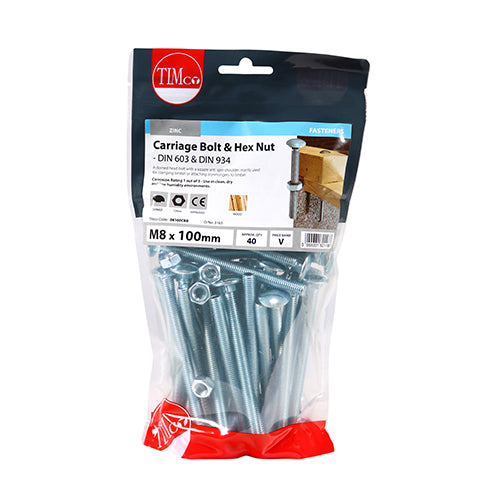 TIMco Carriage Bolts DIN603 & Hex Full Nuts DIN934 Silver - M8 x 100 - 50 Pieces