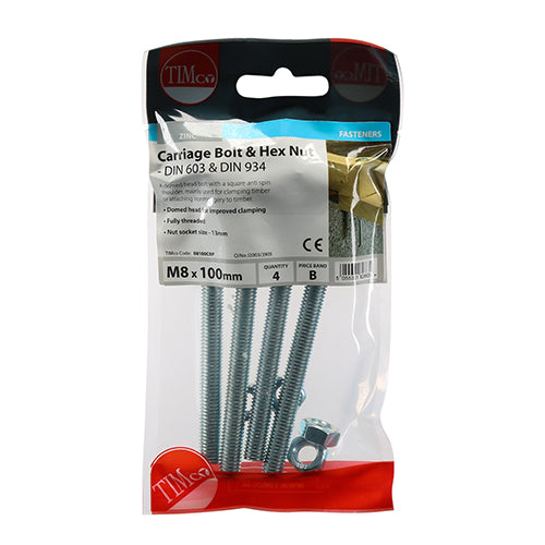 TIMco Carriage Bolts DIN603 & Hex Full Nut DIN934 Silver - M8 x 100