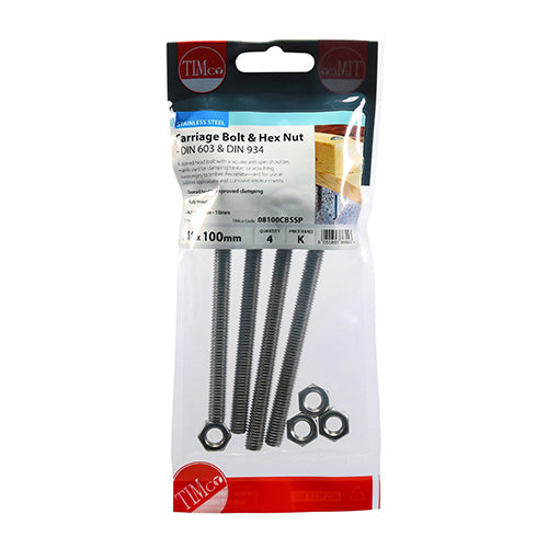 TIMco Carriage Bolts DIN603 & Hex Full Nut DIN934 A2 Stainless Steel - M8 x 100