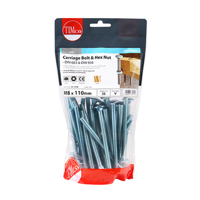 TIMco Carriage Bolts DIN603 & Hex Full Nut DIN934 Silver - M8 x 110 - 35 Pieces