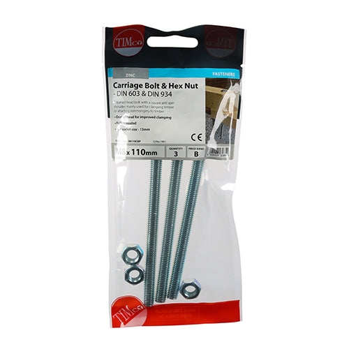 TIMco Carriage Bolts DIN603 & Hex Full Nut DIN934 Silver - M8 x 110