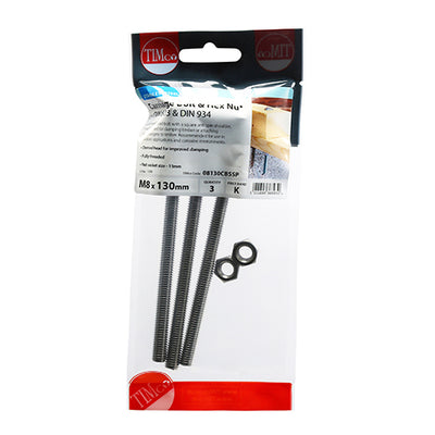 TIMco Carriage Bolts DIN603 & Hex Full Nut DIN934 A2 Stainless Steel - M8 x 130