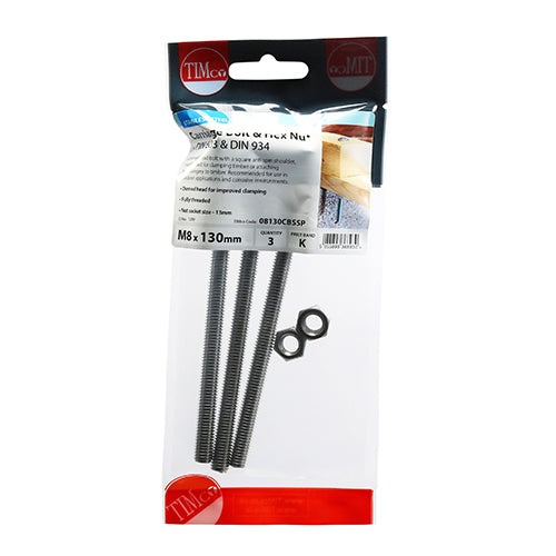 TIMco Carriage Bolts DIN603 & Hex Full Nut DIN934 A2 Stainless Steel - M8 x 130