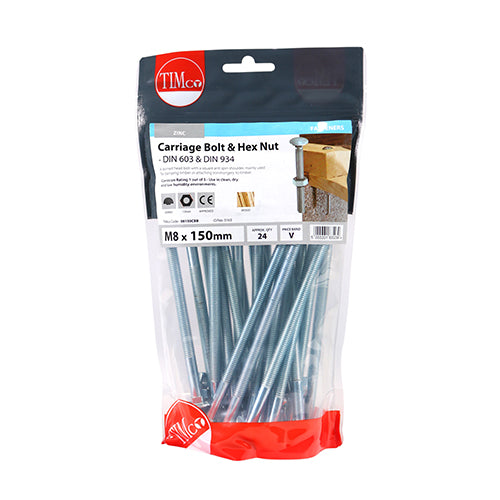 TIMco Carriage Bolts DIN603 & Hex Full Nuts DIN934 Silver - M8 x 150 - 25 Pieces