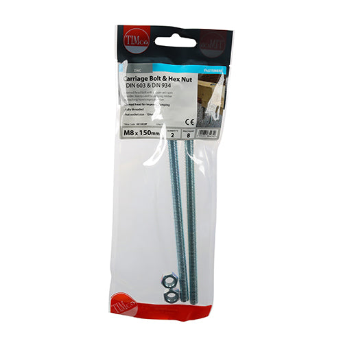 TIMco Carriage Bolts DIN603 & Hex Full Nut DIN934 Silver - M8 x 150