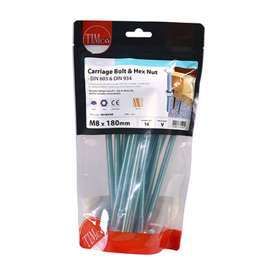 TIMco Carriage Bolts DIN603 & Hex Full Nut DIN934 Silver - M8 x 180 - 14 Pieces