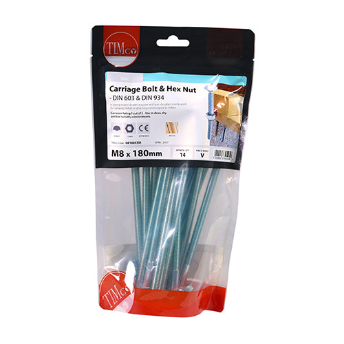 TIMco Carriage Bolts DIN603 & Hex Full Nut DIN934 Silver - M8 x 180 - 14 Pieces