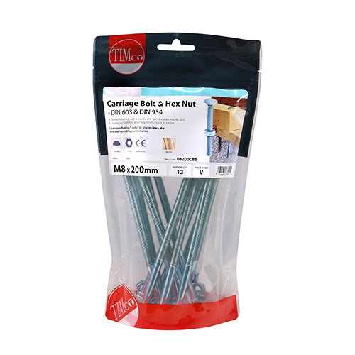 TIMco Carriage Bolts DIN603 & Hex Full Nut DIN934 Silver - M8 x 200 - 12 Pieces