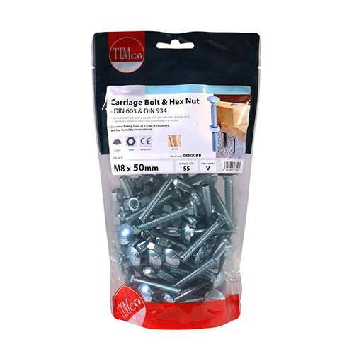 TIMco Carriage Bolts DIN603 & Hex Full Nuts DIN934 Silver - M8 x 90 - 50 Pieces