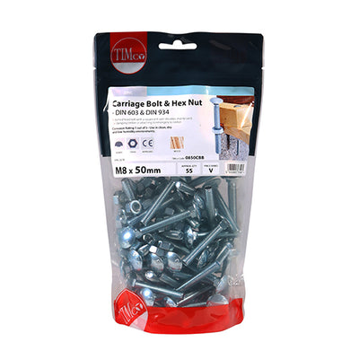 TIMco Carriage Bolts DIN603 & Hex Full Nuts DIN934 Silver - M8 x 65 - 50 Pieces