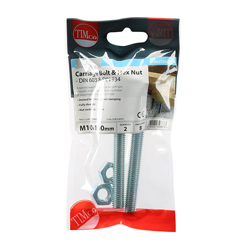 TIMco Carriage Bolts DIN603 & Hex Full Nut DIN934 Silver - M10 x 100