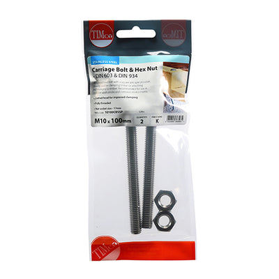 TIMco Carriage Bolts DIN603 & Hex Full Nut DIN934 A2 Stainless Steel - M10 x 100