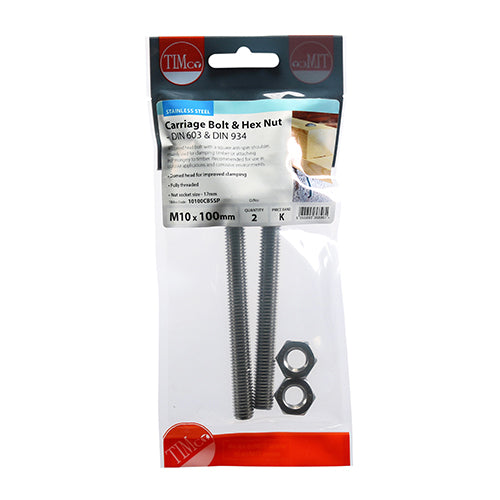TIMco Carriage Bolts DIN603 & Hex Full Nut DIN934 A2 Stainless Steel - M10 x 100