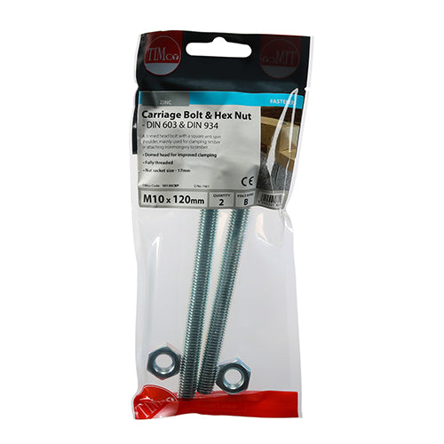 TIMco Carriage Bolts DIN603 & Hex Full Nut DIN934 Silver - M10 x 120