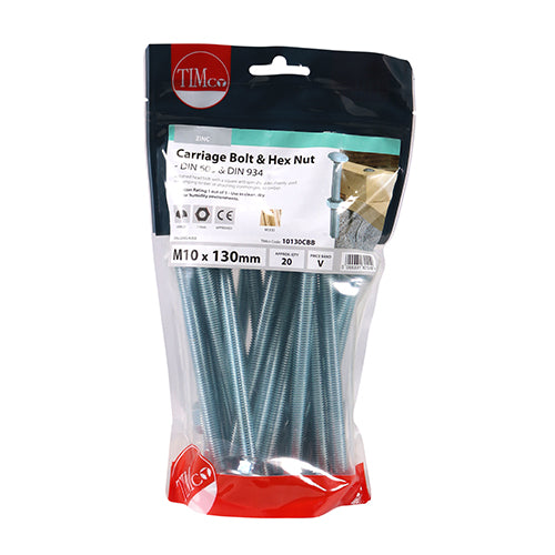 TIMco Carriage Bolts DIN603 & Hex Full Nut DIN934 Silver - M10 x 130 - 20 Pieces