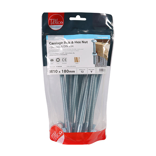 TIMco Carriage Bolts DIN603 & Hex Full Nut DIN934 Silver - M10 x 180 - 12 Pieces