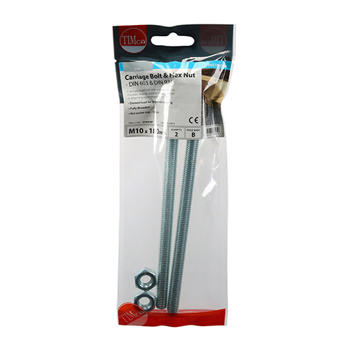TIMco Carriage Bolts DIN603 & Hex Full Nut DIN934 Silver - M10 x 180