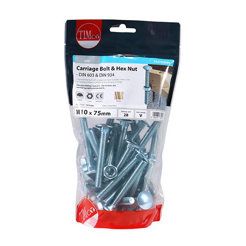 TIMco Carriage Bolts DIN603 & Hex Full Nut DIN934 Silver - M10 x 75 - 28 Pieces