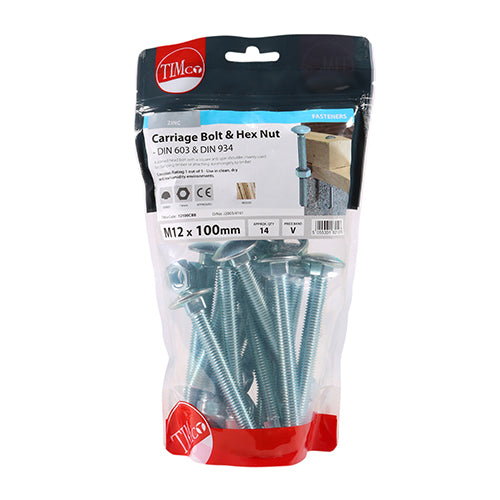 TIMco Carriage Bolts DIN603 & Hex Full Nuts DIN934 Silver - M12 x 150 - 10 Pieces