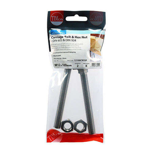 TIMco Carriage Bolts DIN603 & Hex Full Nut DIN934 A2 Stainless Steel - M12 x 100