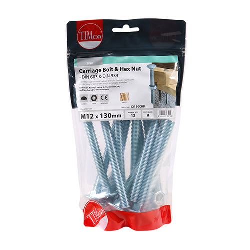 TIMco Carriage Bolts DIN603 & Hex Full Nut DIN934 Silver - M12 x 130 - 12 Pieces