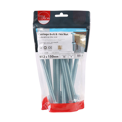 TIMco Carriage Bolts DIN603 & Hex Full Nut DIN934 Silver - M12 x 150 - 10 Pieces