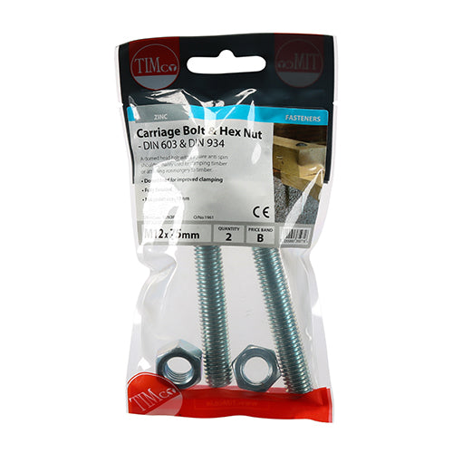 TIMco Carriage Bolts DIN603 & Hex Full Nut DIN934 Silver - M12 x 75