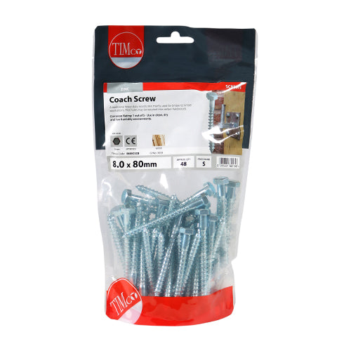 TIMco Coach Screws Hex Head Silver  - 8.0 x 80 - 48 Pieces