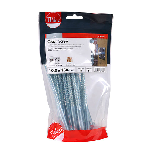 TIMco Coach Screws Hex Head Silver  - 10.0 x 150 - 18 Pieces
