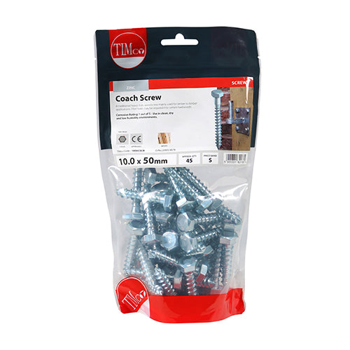 TIMco Coach Screws Hex Head Silver  - 10.0 x 50 - 45 Pieces